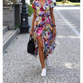 Abito Midi Stampato alla Moda con Spacco, Scollo a V, Maniche Corte, Vita Alta, Gonna a Trapezio, Stile Street, in Poliestere e Spandex, da Donna