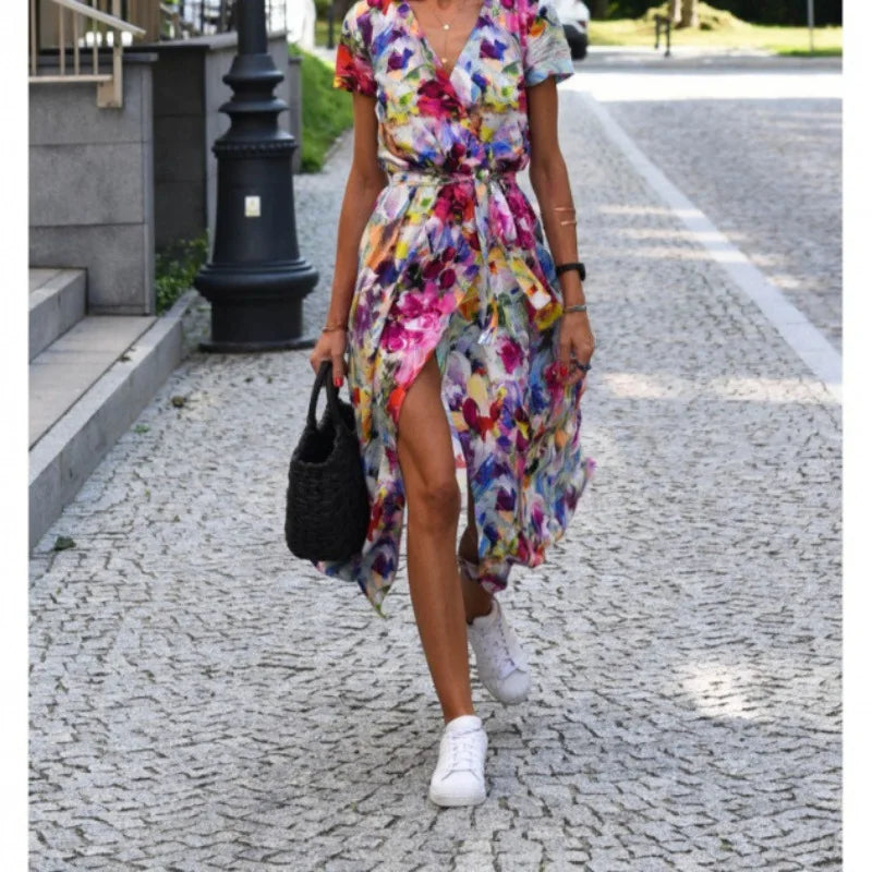 Abito Midi Stampato alla Moda con Spacco, Scollo a V, Maniche Corte, Vita Alta, Gonna a Trapezio, Stile Street, in Poliestere e Spandex, da Donna