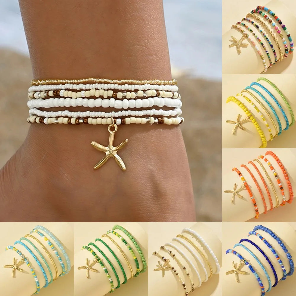 Set da 6 pezzi Cavigliera con stella marina in rilievo con sfera rotonda in acrilico da spiaggia estiva per donna Accessorio per le vacanze con gioielli multistrato di tendenza retrò