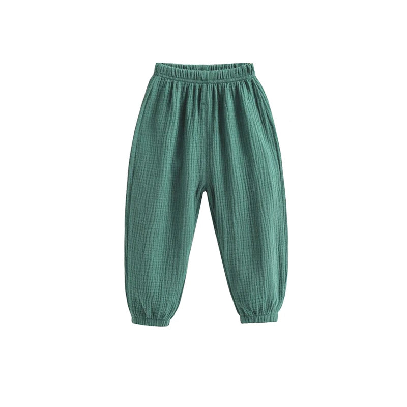 Pantaloni estivi per bambini coreani Pantaloni casual per ragazze Ragazzi in cotone e lino Tinta unita Pantaloni larghi a pieghe Pantaloni Harem a vita alta per ragazze