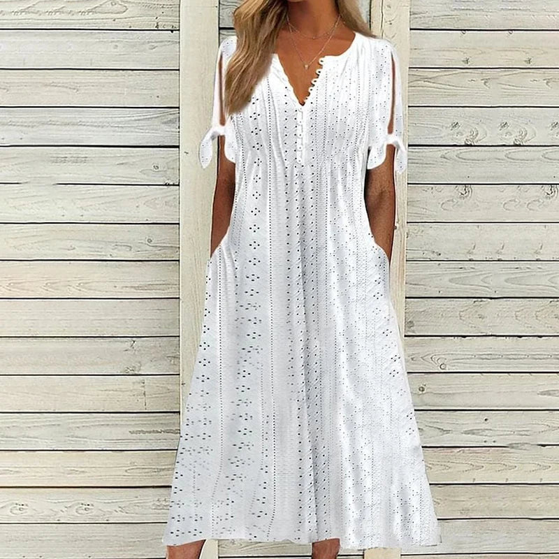 Abito Midi Estivo da Donna Boho con Occhielli e Spalle Scoperte, Maniche Corte, Scollo a V, Bottoni, Vestibilità Ampia, Stile Casual a Trapezio con Tasche