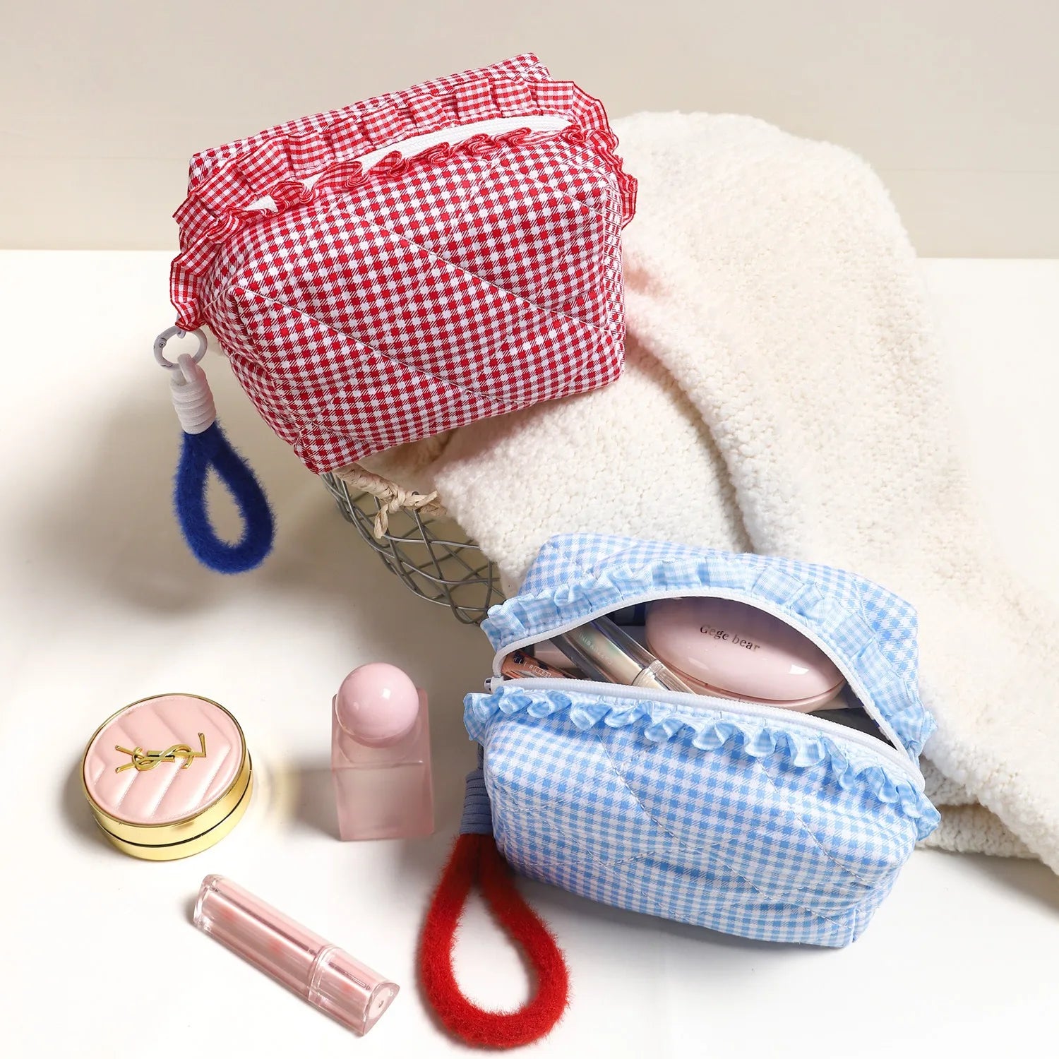 Borsa cosmetica personalizzata con griglia fresca giapponese e coreana, custodia semplice per trucco di grande capacità, borsa di bellezza di alta qualità