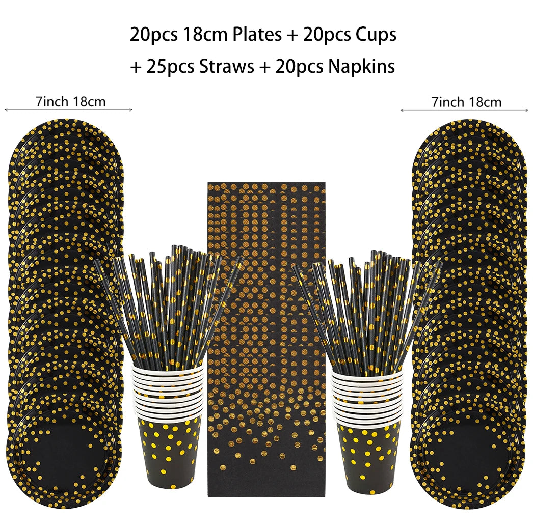 Set di stoviglie usa e getta per compleanno in oro nero, piatti di carta, tazze, tovaglioli, tovaglie, decorazione per feste di buon compleanno per adulti, matrimonio