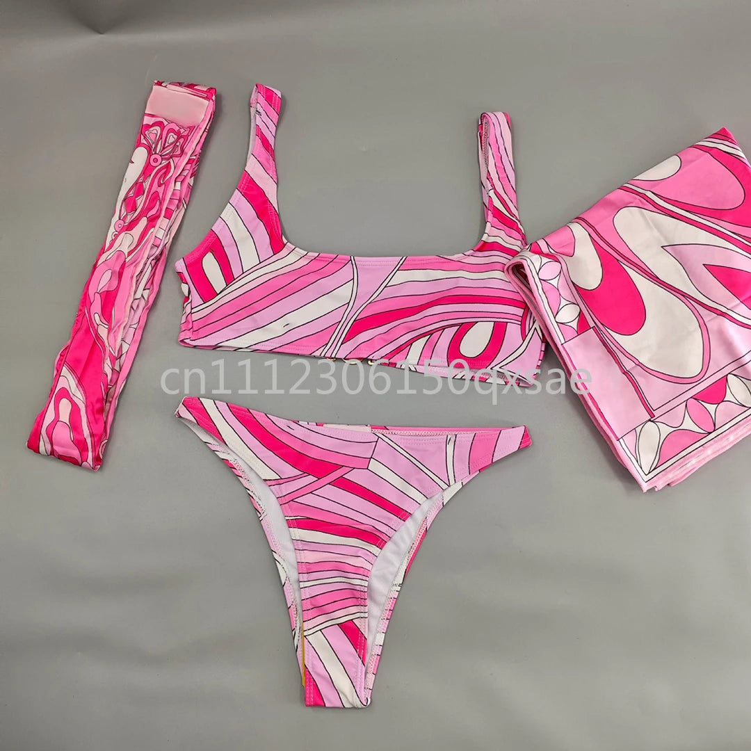 Costumi da bagno da donna rosa con foulard e logo a lettere, set bikini con foulard e fascia per capelli, abbigliamento da spiaggia