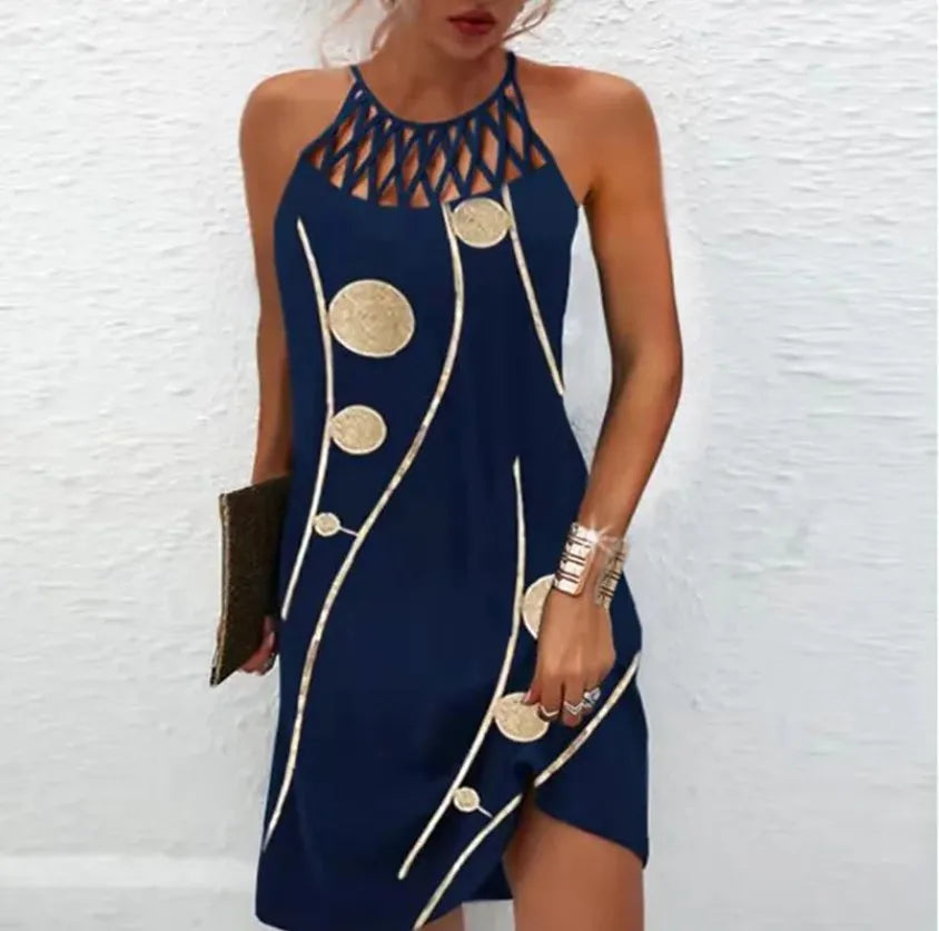 Abito Boho sexy per donna Mini abito da spiaggia Abito alla moda Donna Estate senza maniche Hollow Elegante abito da festa Stampa Vestido 2023