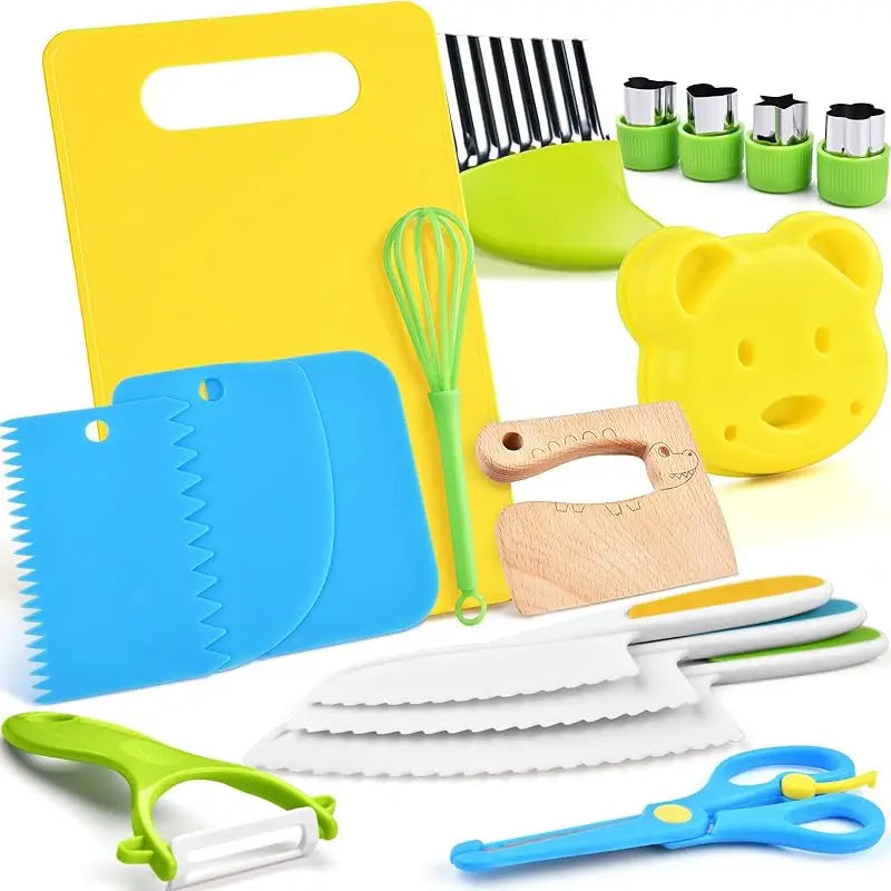 Set di Utensili da Cucina Montessori 11/17 Pezzi, Giocattoli per Cuocere, Coltelli Sicuri per Bambini con Tagliere, Accessori da Cucina Reali per Bambini