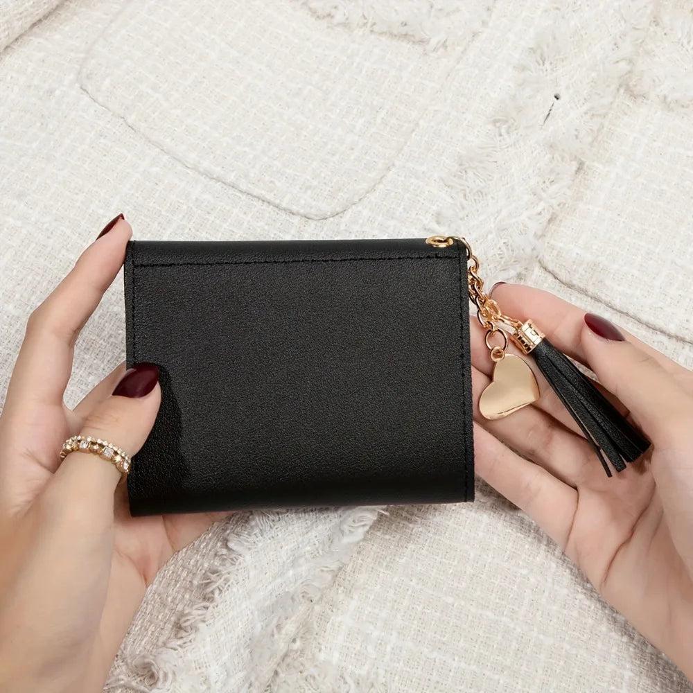 Nuovo portafoglio compatto da donna con pochette Portamonete ultrasottile portatile in pelle PU con porta carte di credito con nappa Portafoglio corto da donna