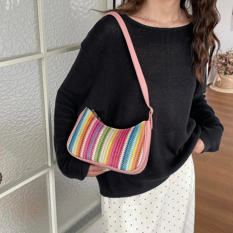 Borse a Spalla da Donna a Righe in Paglia, Borsa a Tracolla in Rattan Intrecciato con Cerniera, Pochette Hobo Femminile