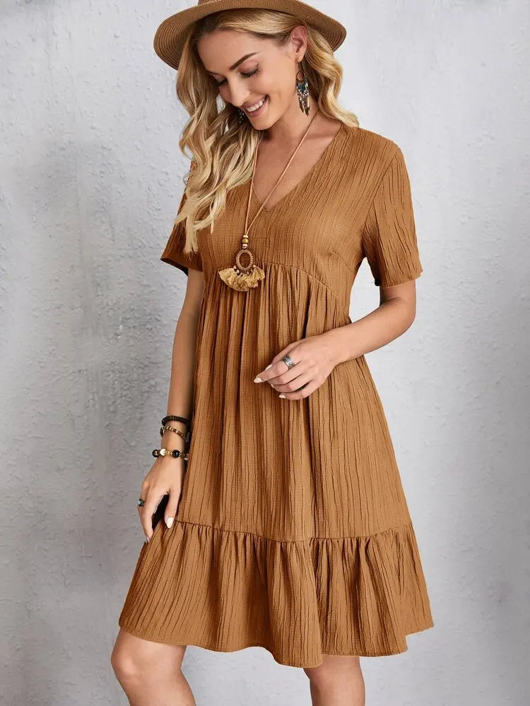 Elegante solido scollo A V A Line Dress 2024 nuova estate Ruffles allentato Mini abito Casual manica corta Beach Party Vestidos Streetwear