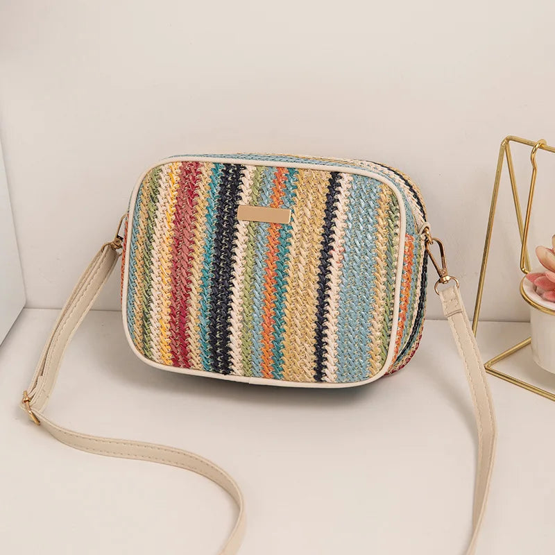 Borse da donna alla moda, tessitura alla moda e artistica, borse intrecciate in paglia multicolore, borse a tracolla in stile etnico, borse da donna