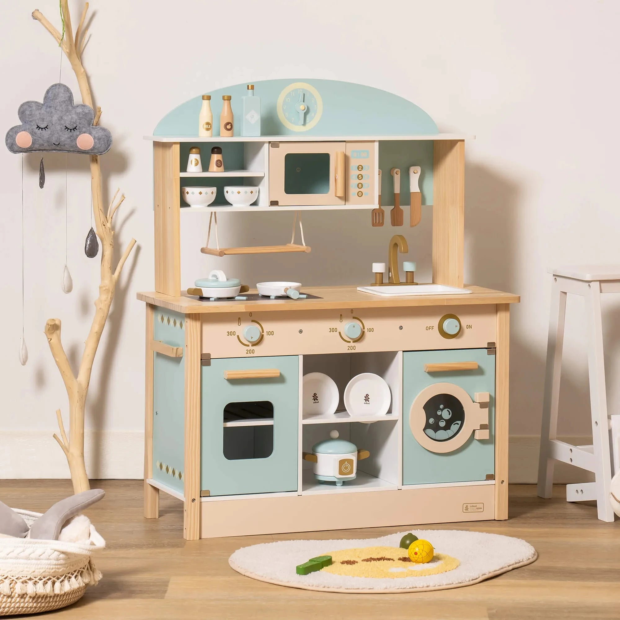 Cucina Giocattolo in Legno Robud per Bambini, Set Completo ad Angolo con Forno, Frigorifero e Lavatrice, Regalo di Compleanno Perfetto per Piccoli Chef