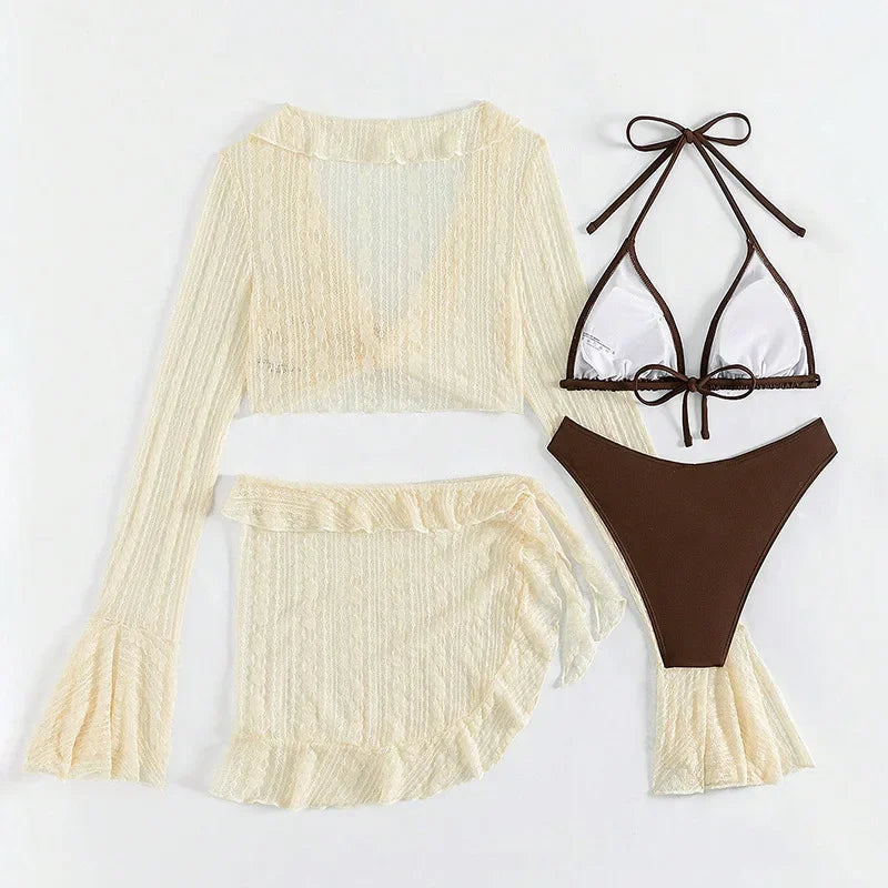 Set bikini da donna in pizzo trasparente con top a triangolo allacciato al collo e gonna da spiaggia con volant - Elegante costume da bagno per le vacanze estive al mare