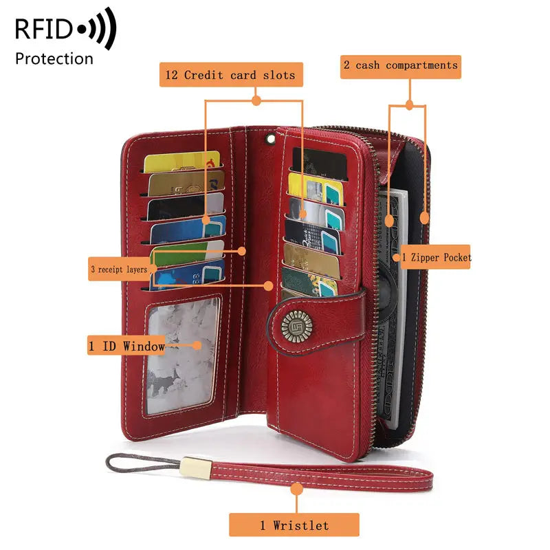 Borsa a mano in pelle cerata con blocco RFID, porta carte di credito multifunzionale a doppia piega, portafoglio da donna lungo retrò di grande capacità