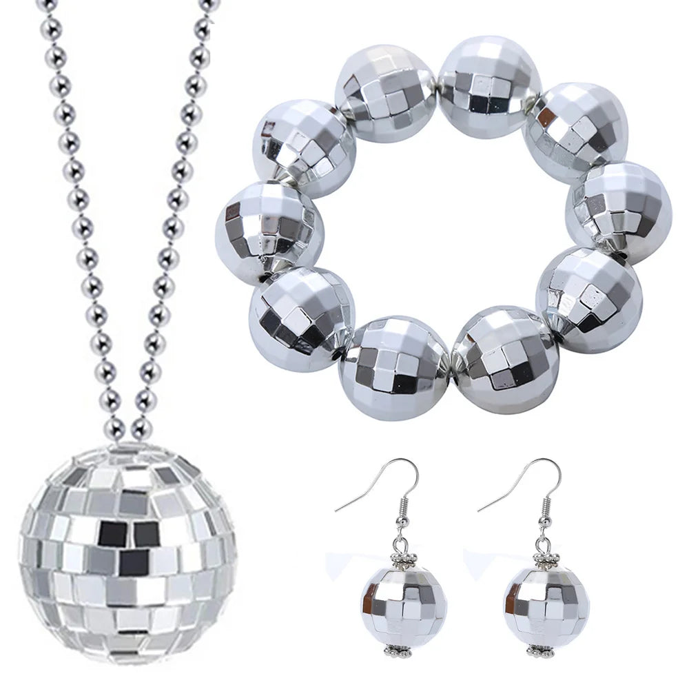 Disco Ball Costume Jewelry Decorations 1970s Silver Mirror Balls Bracelet Earrings 80s Necklace Rave Accessories for Women