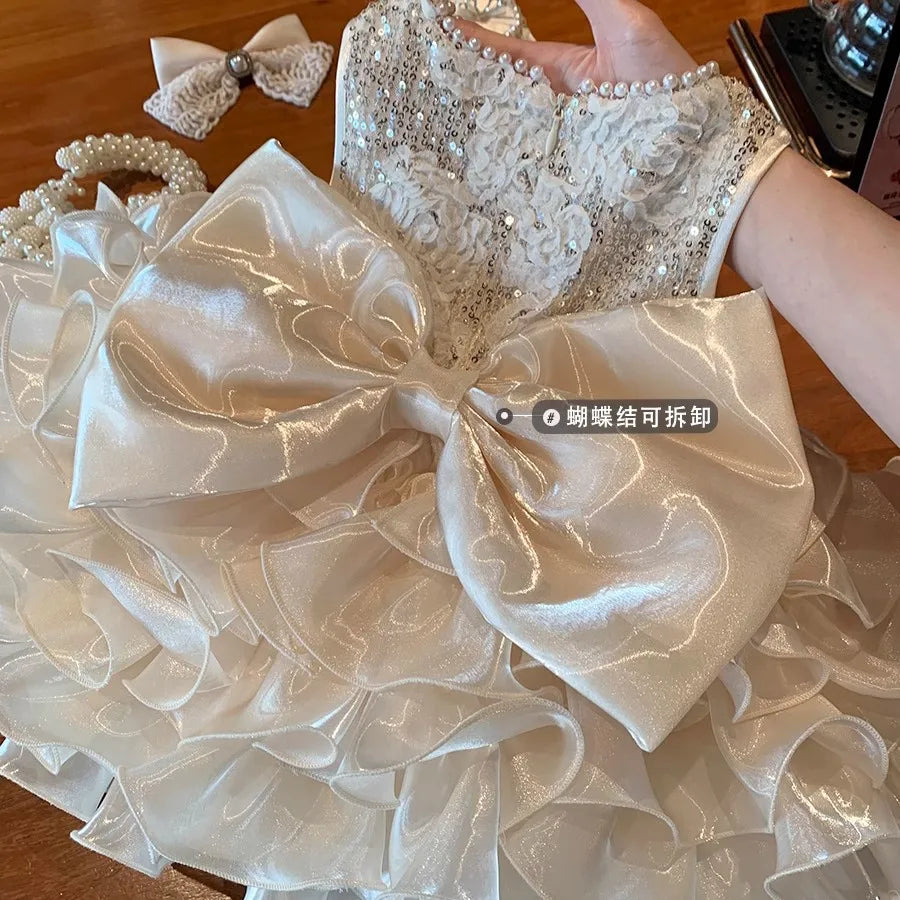 Abito da bambina per neonato, abito da principessa, fiocco grande per bambino, primo anno, compleanno, matrimonio, battesimo, festa infantile, abito tutu
