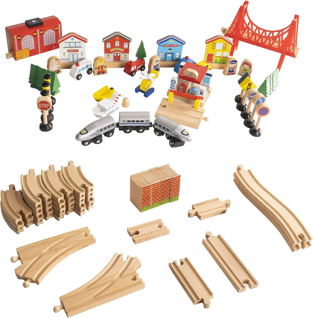 Giocattoli da tavolo per treni, set da città ferroviaria in legno per binari ferroviari per bambini piccoli