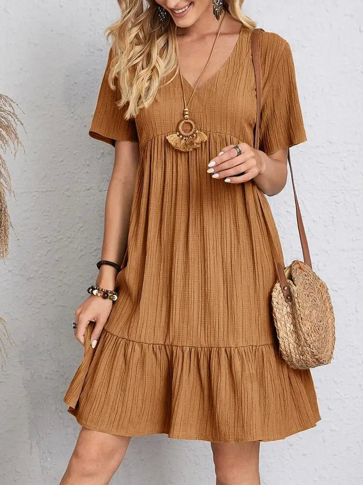 Elegante solido scollo A V A Line Dress 2024 nuova estate Ruffles allentato Mini abito Casual manica corta Beach Party Vestidos Streetwear