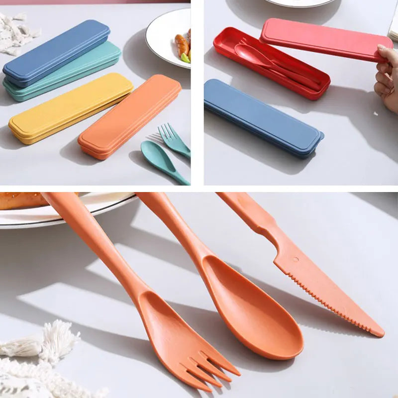3In1 Set di stoviglie in paglia di grano Set di posate riutilizzabili portatili Coltello Forchetta Cucchiaio Bacchette Scatola di utensili da viaggio Stoviglie da campeggio
