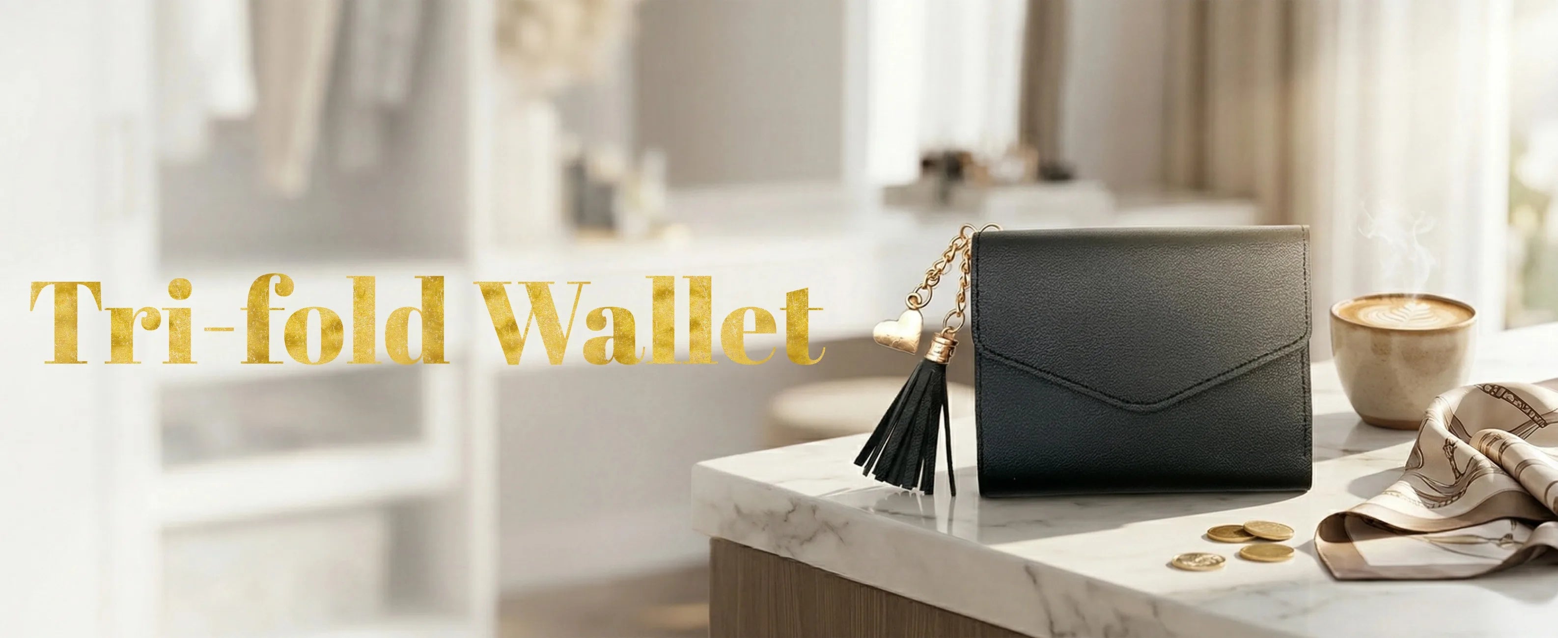 Portafoglio Corto da Donna a Tre Ante con Ciondolo a Nappa in Pelle PU, Porta Monete e Scomparti Multipli per Carte, Mini Pochette Sottile Femminile Porta Carte