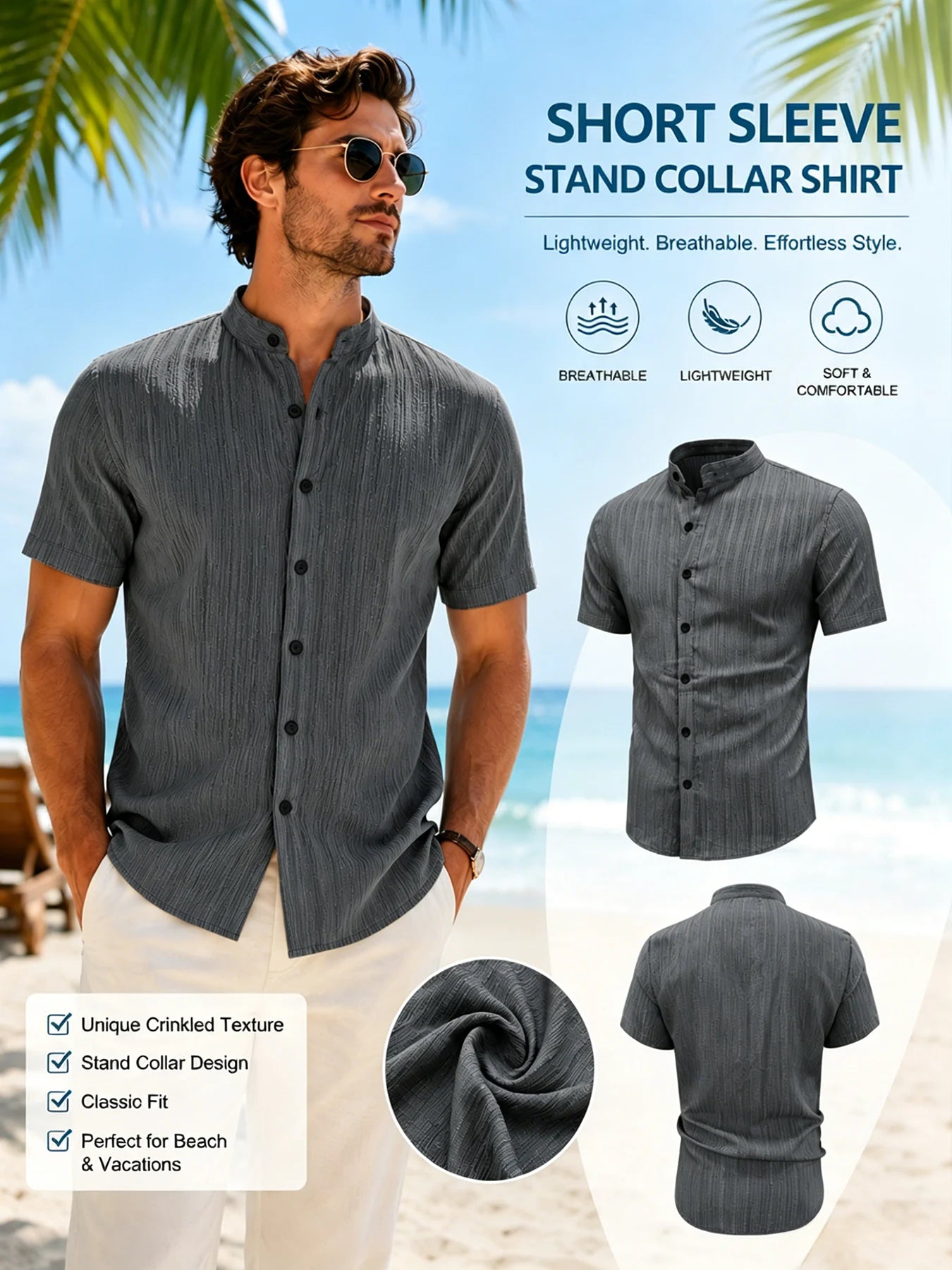 Camicia da uomo a maniche corte con colletto alla coreana – Camicia testurizzata slim fit con bottoni, camicia traspirante casual estiva da spiaggia per uomo