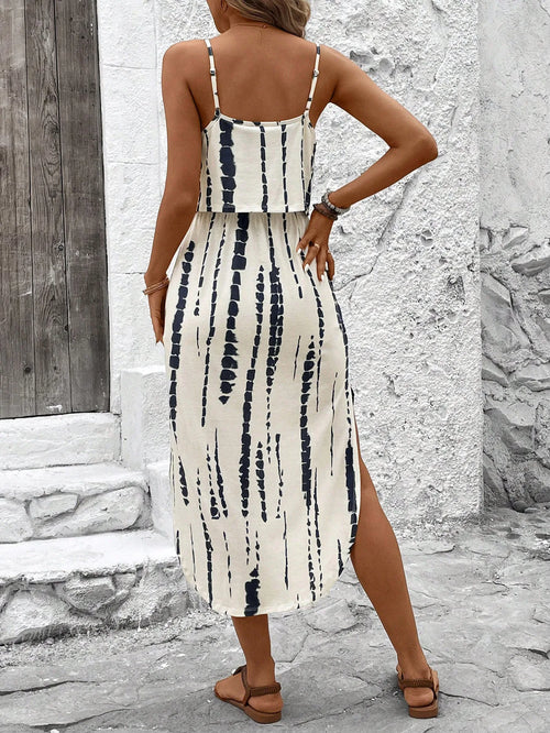 Abito estivo da donna con cinturino spaghetti con cintura e spacco laterale - Abito fluido casual senza maniche