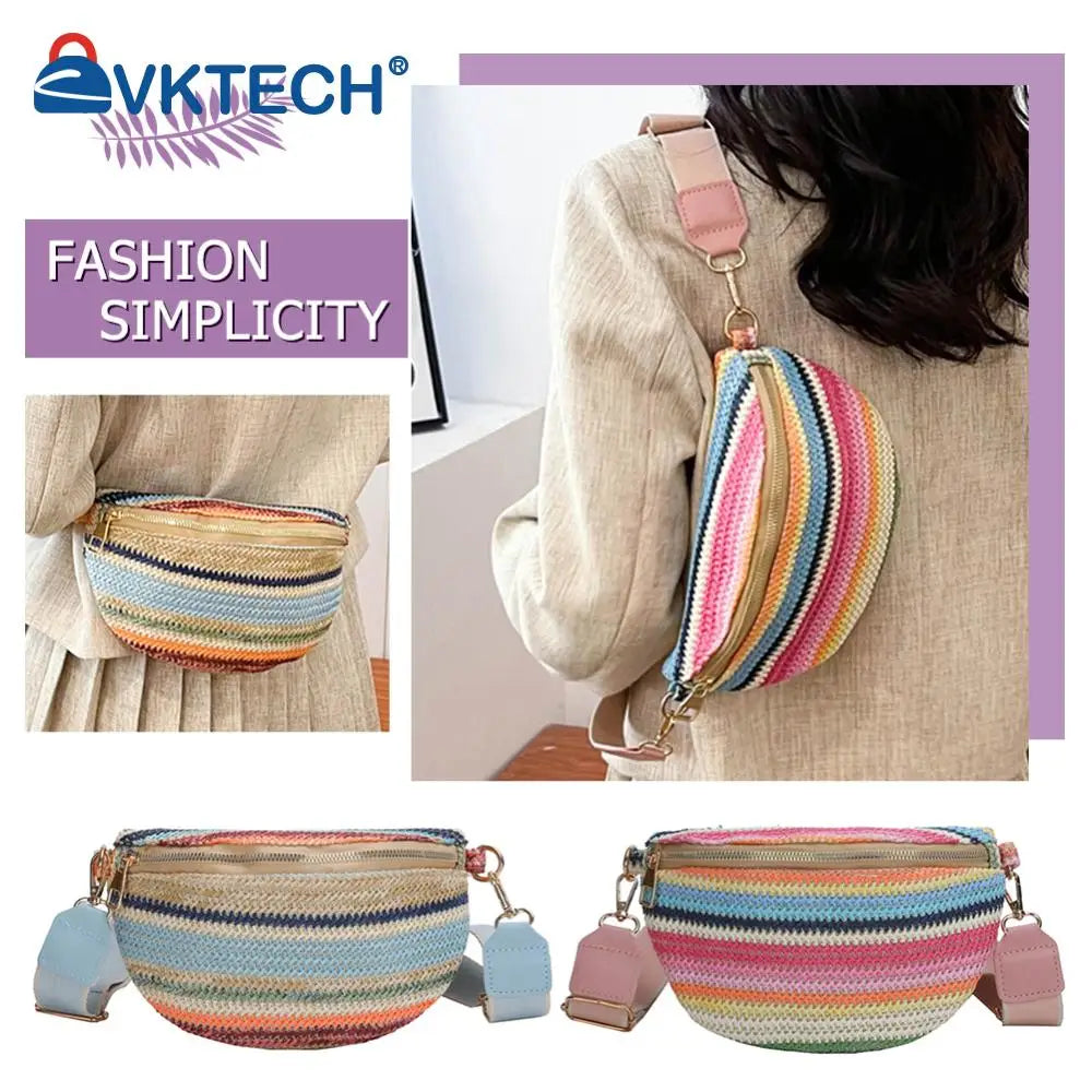Marsupio a righe arcobaleno, marsupio in paglia intrecciata alla moda, con tracolla regolabile, semplice, portatile, colorato, per vacanze e weekend