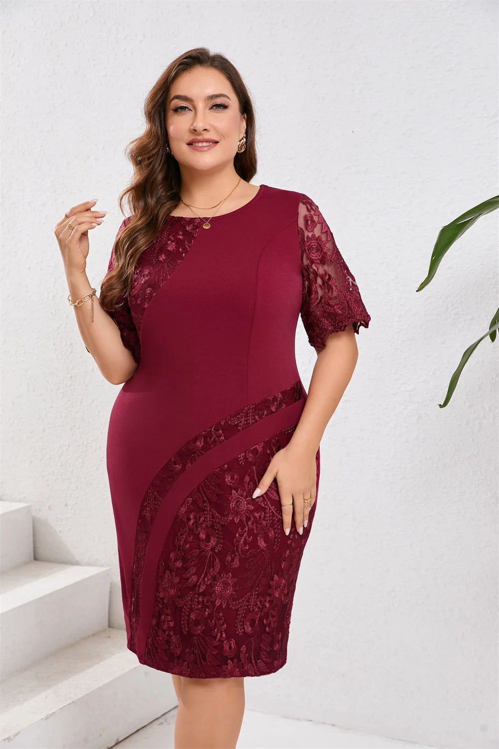 GIBSIE Plus Size Pizzo ricamato Mezza manica O-Collo Abito da donna Estate Autunno Cocktail Party Elegante aderente Abiti longuette