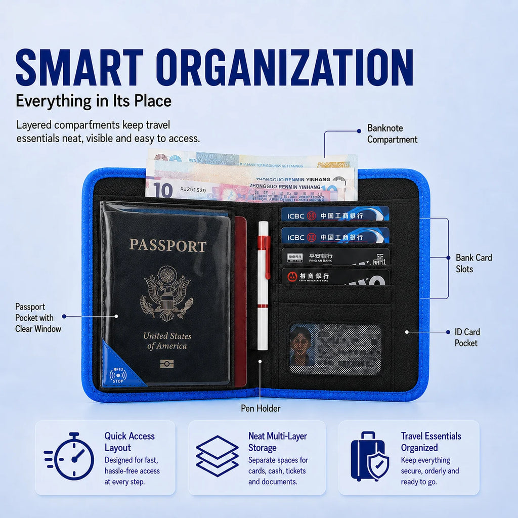 Portafoglio da viaggio RFID Porta passaporto Organizzatore di carte di credito Custodia con cerniera Organizzatore di documenti Accessori da viaggio antifurto
