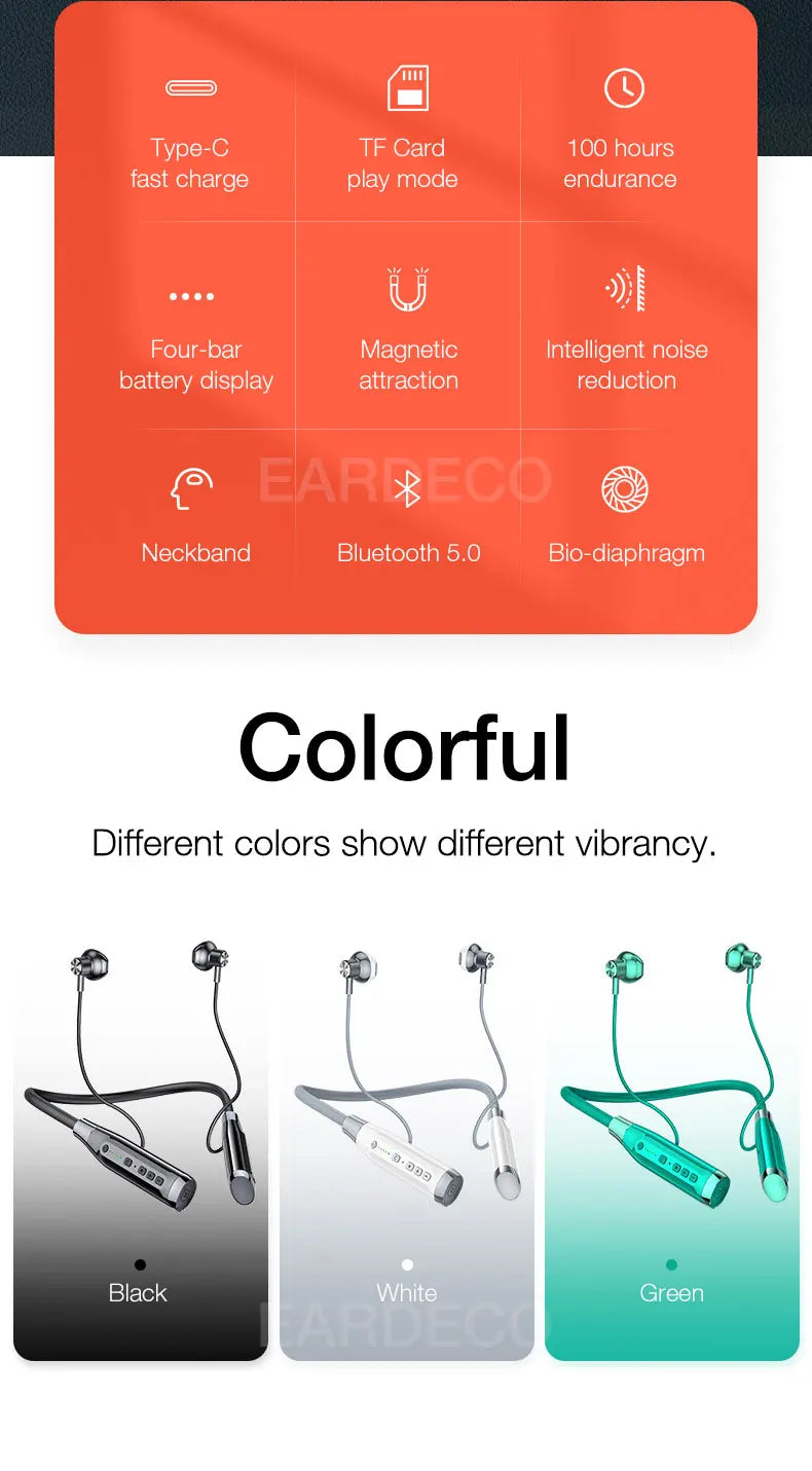 EARDECO 100 ore Endurance cuffie Wireless Bass In-ear Bluetooth cuffie auricolari musica Sport auricolare con microfono Stereo