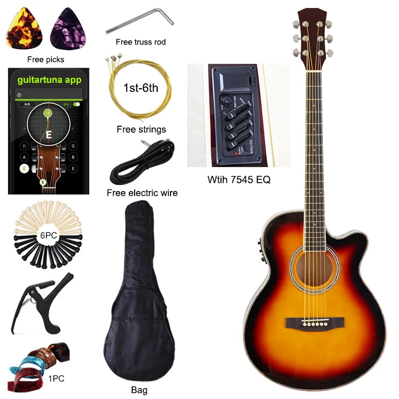 Chitarra elettrica acustica a corpo sottile Chitarra per principianti con Gig Bag gratuito Corda libera Colore bianco naturale Sunburst nero