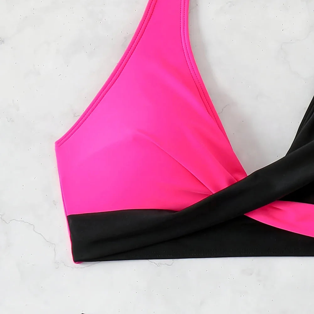 Costume da bagno bikini da donna sexy, due pezzi, color block, con laccetti, vita alta, senza schienale, regalo