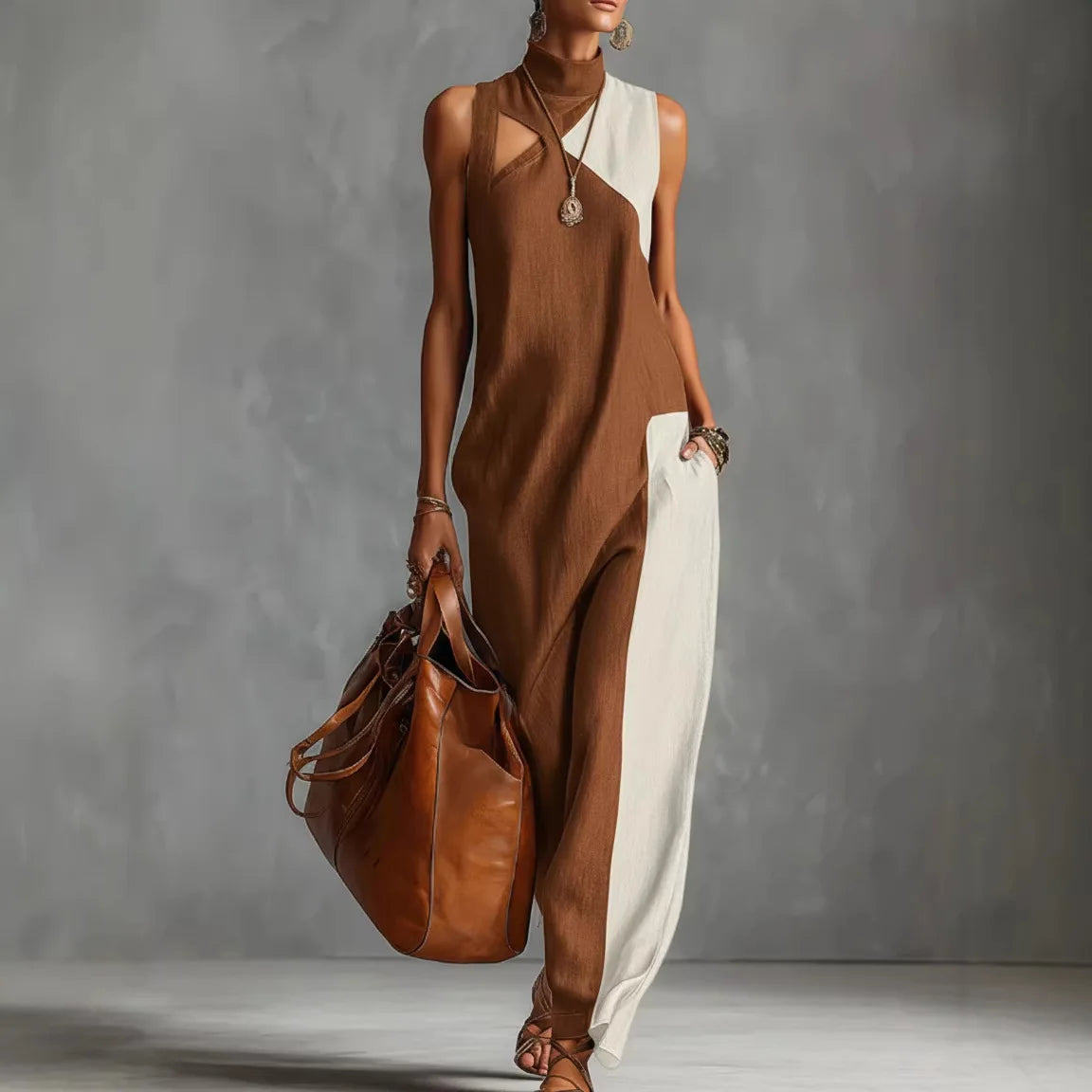 Abito lungo da donna bohémien, tipo gilet, color block, estivo da spiaggia, casual ampio, con scollo alto e cut-out, per tutti i giorni