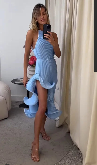 Elegante Abito Lungo Giallo Halter da Donna Senza Maniche con Balze Irregolari e Spacco Alto, Vestito Aderente Romantico per Ospiti di Matrimoni e Feste 2026