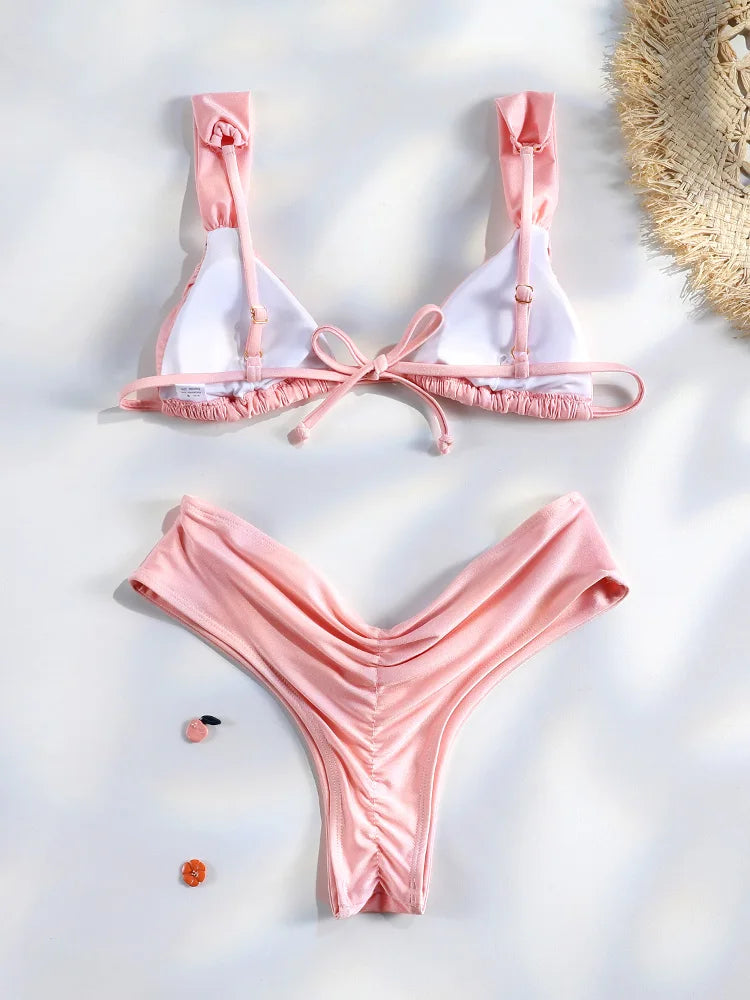 Costume da bagno bikini con pieghe sexy Micro bikini solido Costume da bagno donna Triangolo femminile Costume da bagno da spiaggia