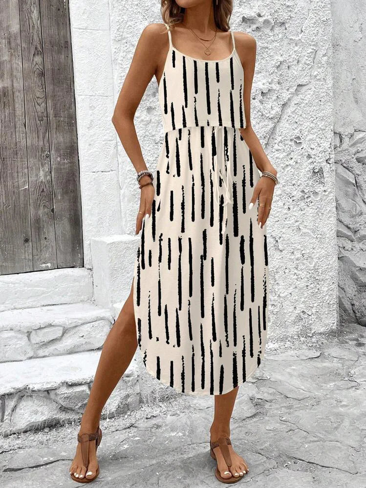 Abito estivo da donna con cinturino spaghetti con cintura e spacco laterale - Abito fluido casual senza maniche