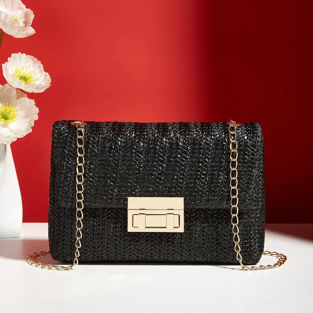 Borsa da donna in paglia lavorata a maglia in rattan a righe multicolori con borsa a catena Borse a tracolla da donna Borsa con patta dal design da viaggio