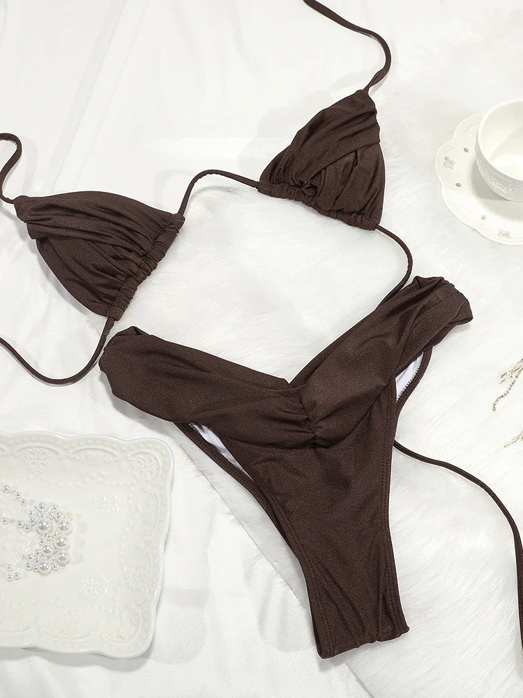 Costume da bagno bikini con pieghe sexy Micro bikini solido Costume da bagno donna Triangolo femminile Costume da bagno da spiaggia