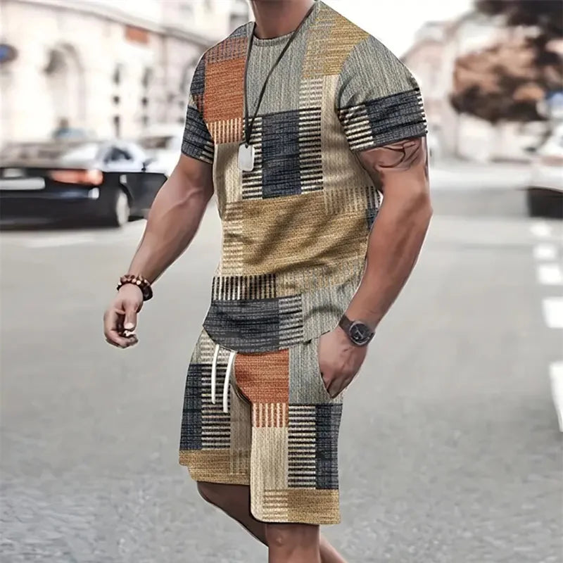 2024 Estate Outdoor Sportswear Uomo Patchwork Stampato Pantaloncini a maniche corte Moda casual Due set Sudore assorbente e confortevole