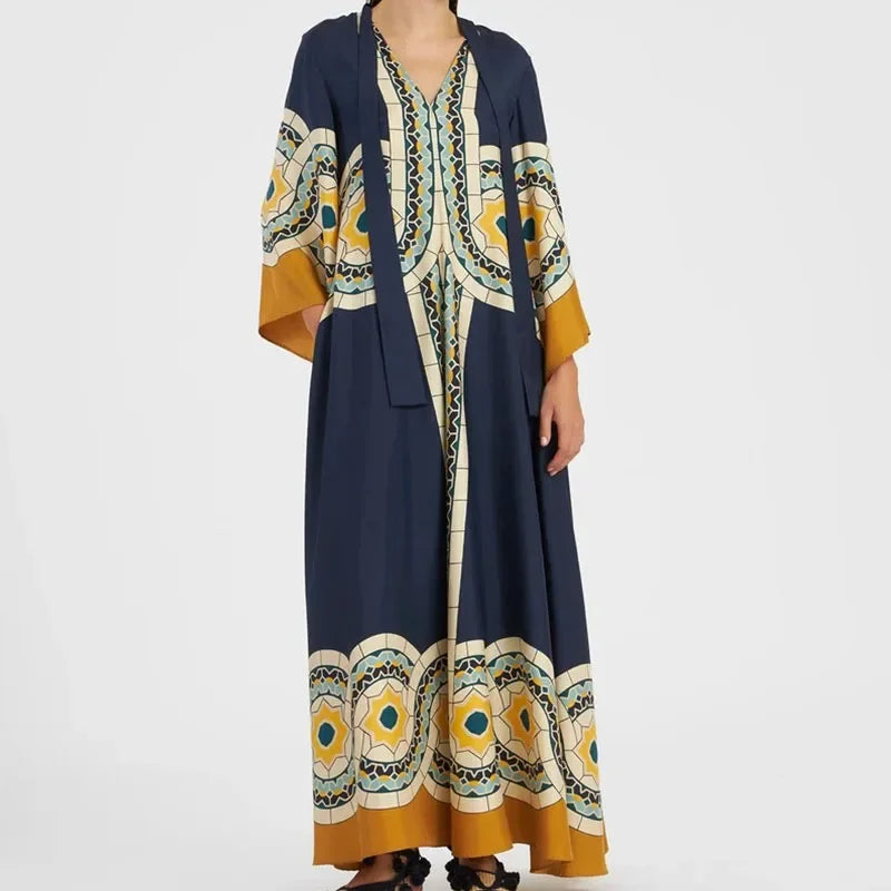 Elegante Abito Lungo a Maniche Lunghe per Feste, Vestito Vintage con Stampa Floreale, Abito Bohémien da Donna con Collo Alto e Vita Alta