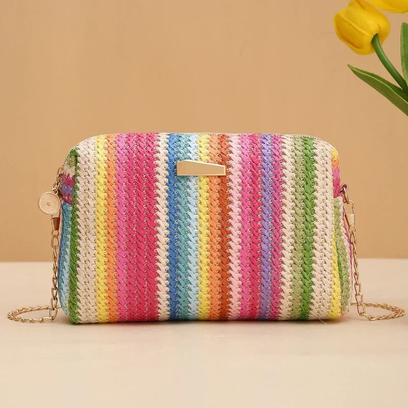 Borsa da donna in paglia lavorata a maglia in rattan Borsa da spiaggia estiva con catena piccola e borsetta Borse a tracolla da donna Borsa con patta dal design da viaggio