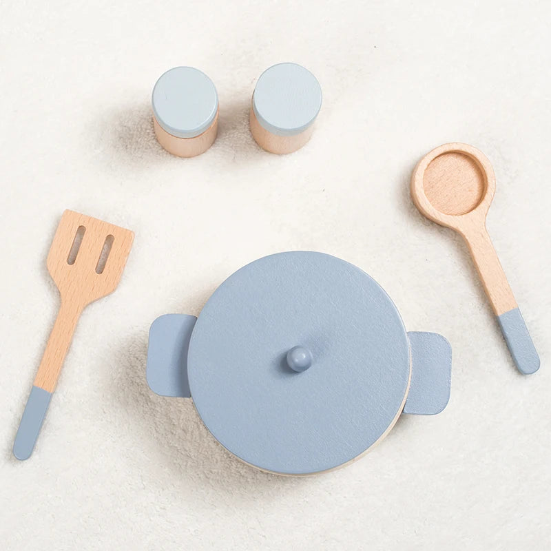 Giocattoli da cucina di simulazione per bambini in legno, giocattoli educativi per la prima educazione, vasi e padelle di simulazione, cibo, chef di giochi di ruolo