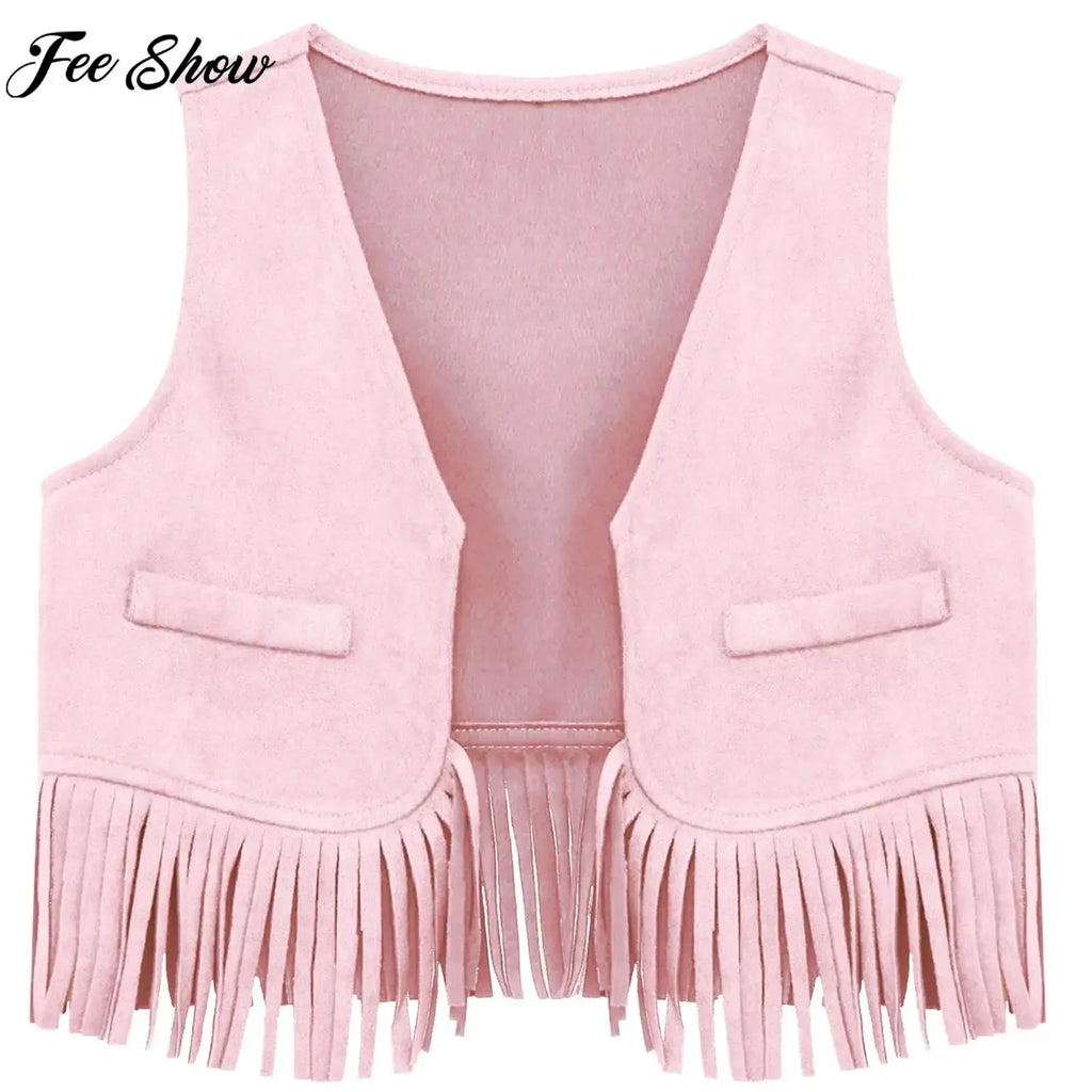 Costume cosplay da cowgirl da cowboy occidentale per feste a tema di carnevale di Halloween con nappe in pelle scamosciata vintage per bambine e ragazze
