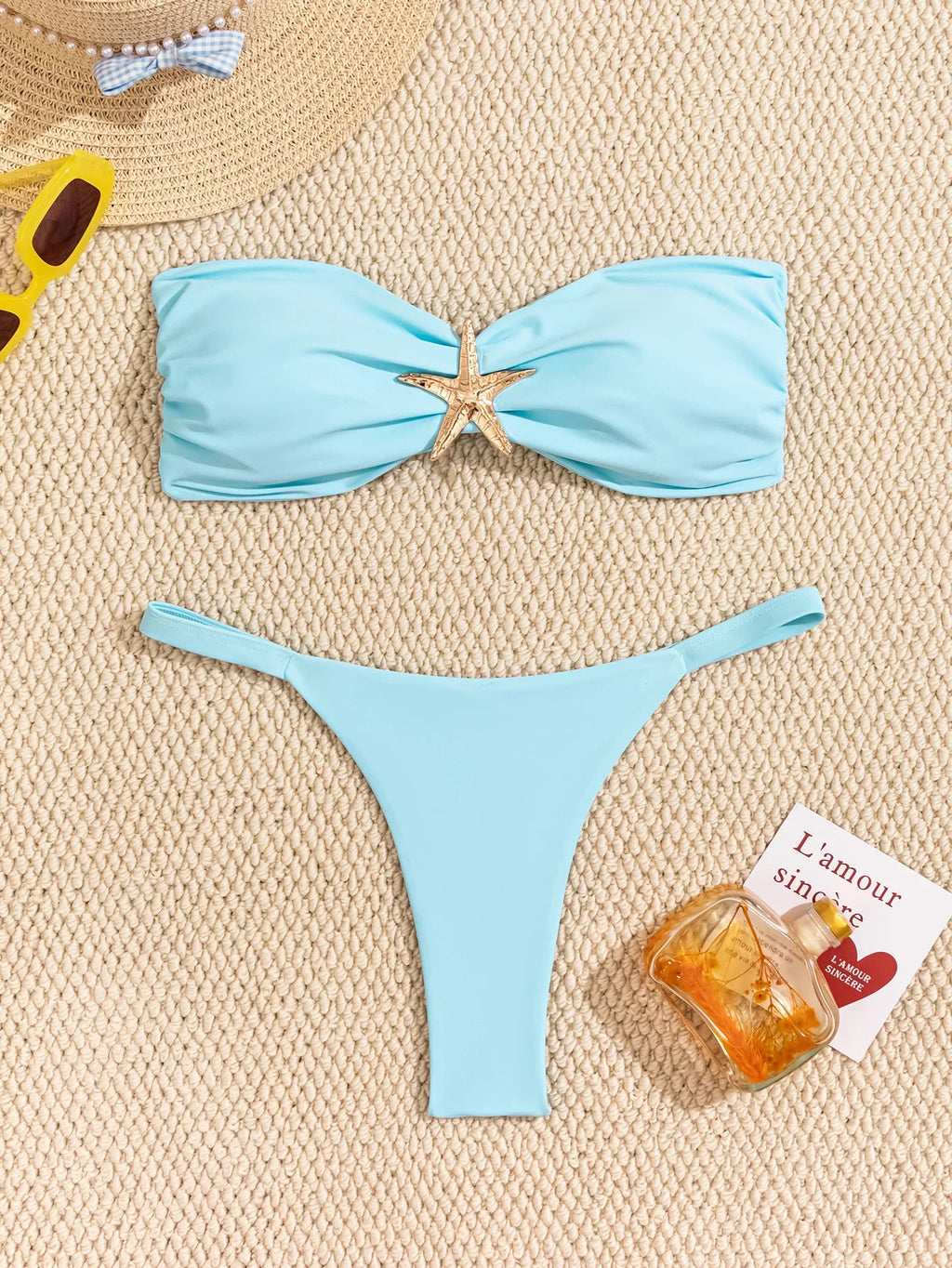 Costume da bagno sexy a fascia 2026 da donna, blu cielo con ornamento a stella marina, push-up, perizoma brasiliano, micro bikini da spiaggia