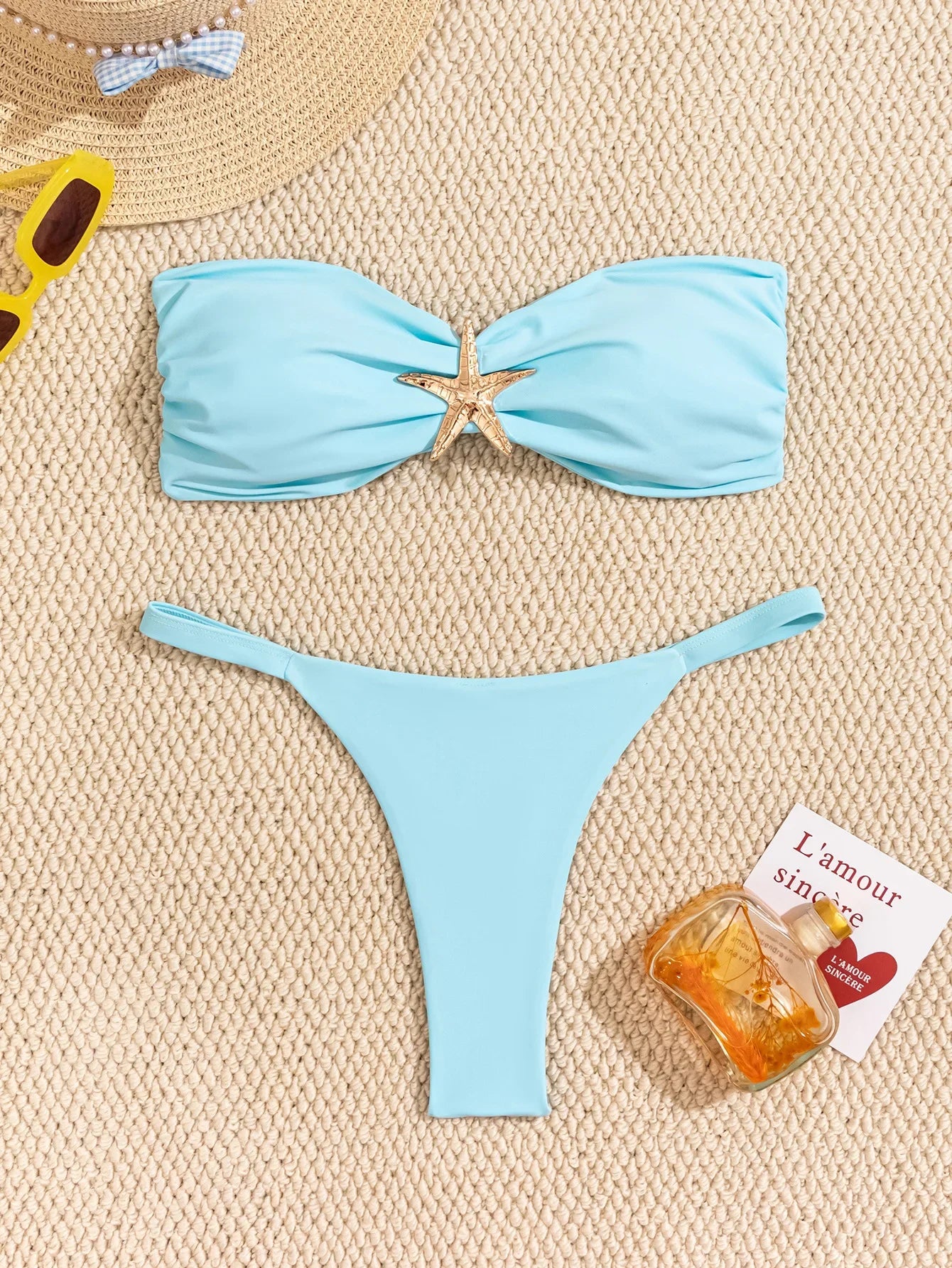 Costume da bagno sexy a fascia 2026 da donna, blu cielo con ornamento a stella marina, push-up, perizoma brasiliano, micro bikini da spiaggia
