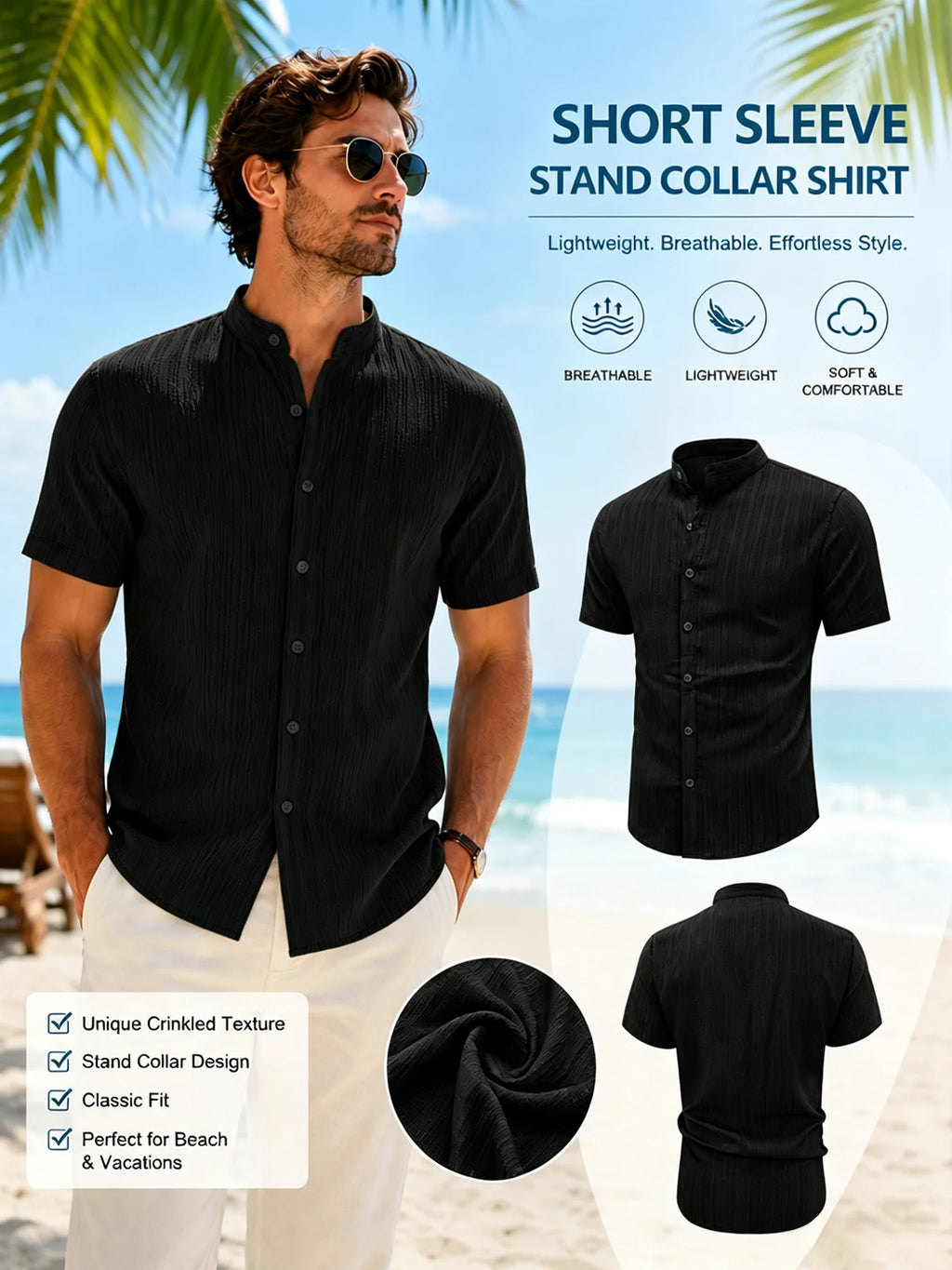 Camicia da uomo a maniche corte con colletto alla coreana – Camicia testurizzata slim fit con bottoni, camicia traspirante casual estiva da spiaggia per uomo