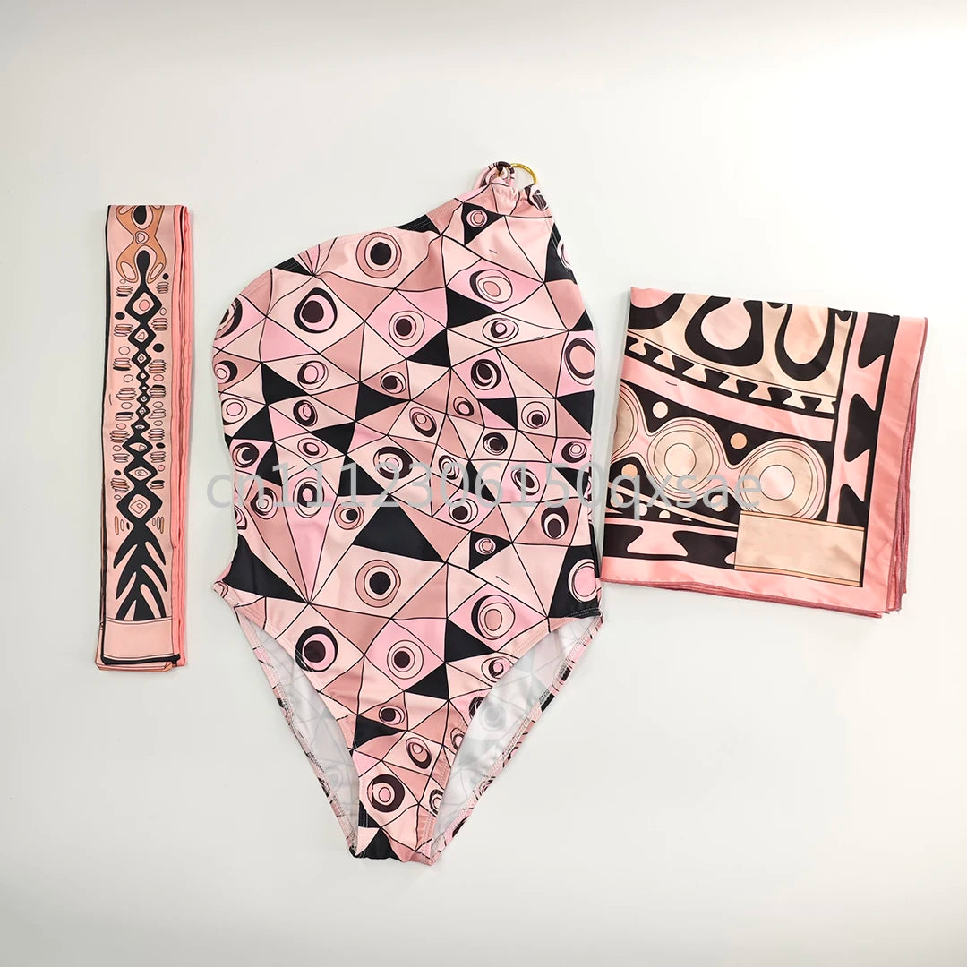 Costumi da bagno da donna rosa con foulard e logo a lettere, set bikini con foulard e fascia per capelli, abbigliamento da spiaggia