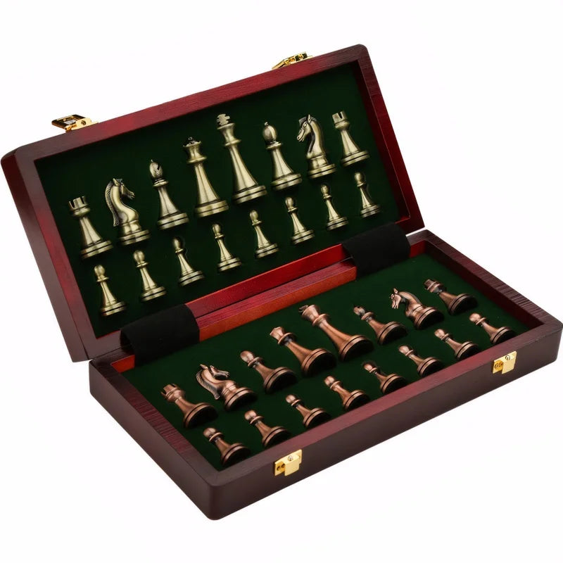Set di scacchi di alta gamma 30 cm/11,8 pollici, bronzato anticato, scatola pieghevole in legno massello, pezzi degli scacchi in lega pesata, regalo di Natale.
