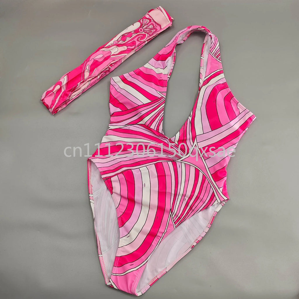 Costumi da bagno da donna rosa con foulard e logo a lettere, set bikini con foulard e fascia per capelli, abbigliamento da spiaggia
