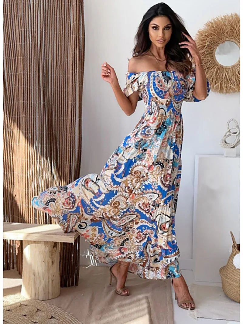 Abito bohémien estivo Abito da spiaggia pieghettato a vita alta con spalle scoperte Abito lungo a maniche corte stampato con motivo vintage Vestido