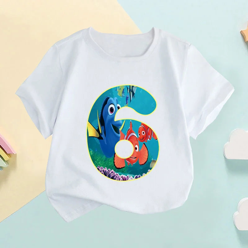 Maglietta per bambini con stampa numerica di Nemo e Dory, simpatici pesciolini, abbigliamento per bambine 1 2 3 4 5 6 7 8 9 anni, magliette per compleanno neonati e bambini, HKP2759